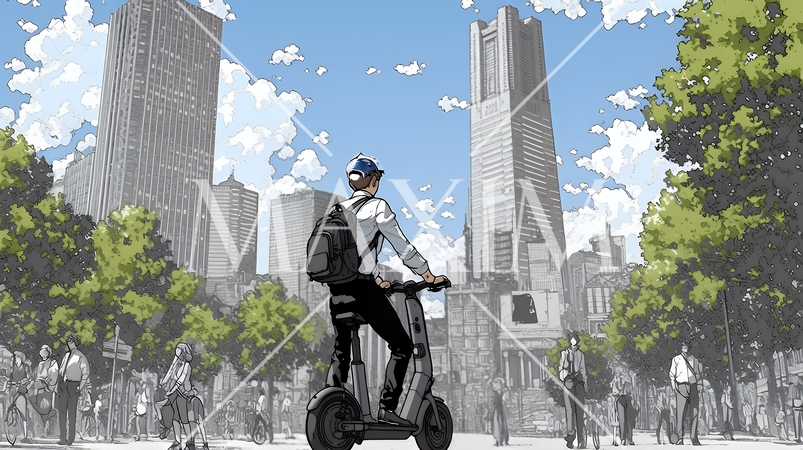 特定小型原付で都会を移動するビジネスパーソン