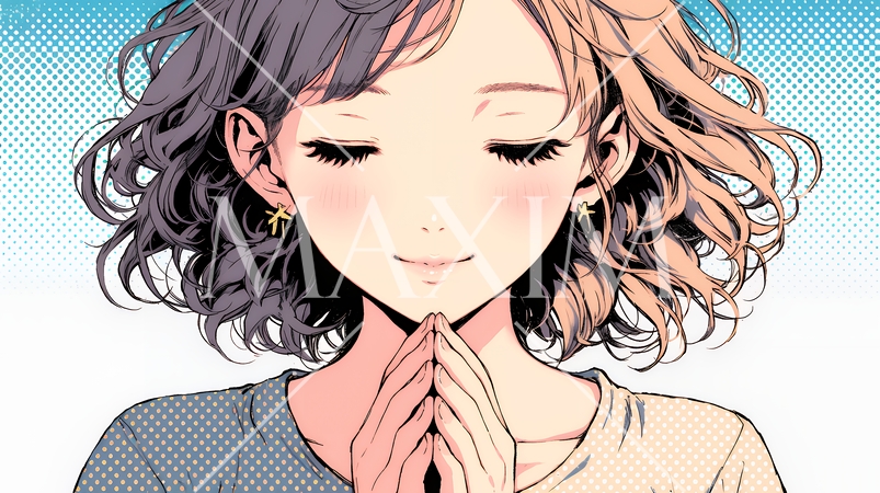 にっこり笑って手を合わせて「お願い」と甘える若い女性