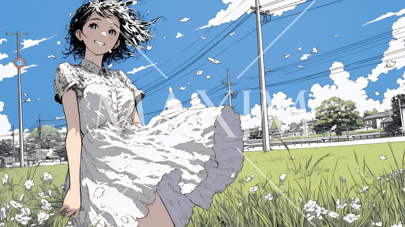 スカートを揺らしながら春風と戯れている若い女性