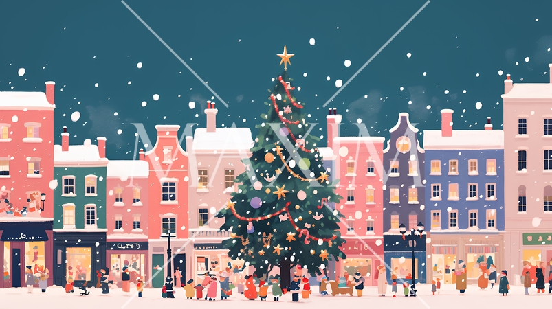 イルミネーションが彩るホワイトクリスマスの都会（ポップでキュートな表現）