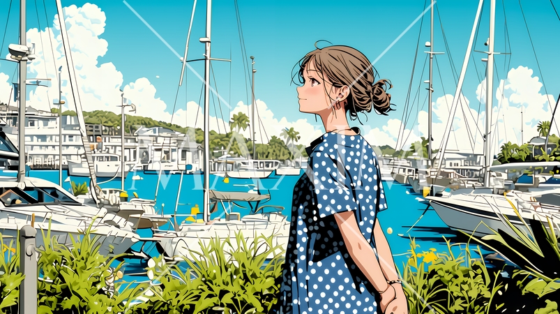 沖縄のヨットハーバーに立つ若い女性