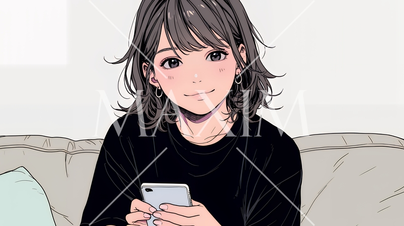 楽しそうにスマホ画面を眺めている若い女性