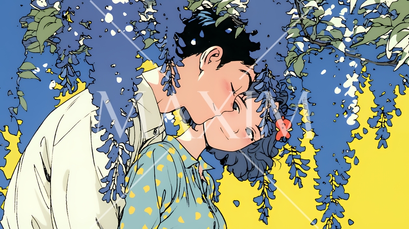 満開の藤の木の下でデートをしている若いカップル