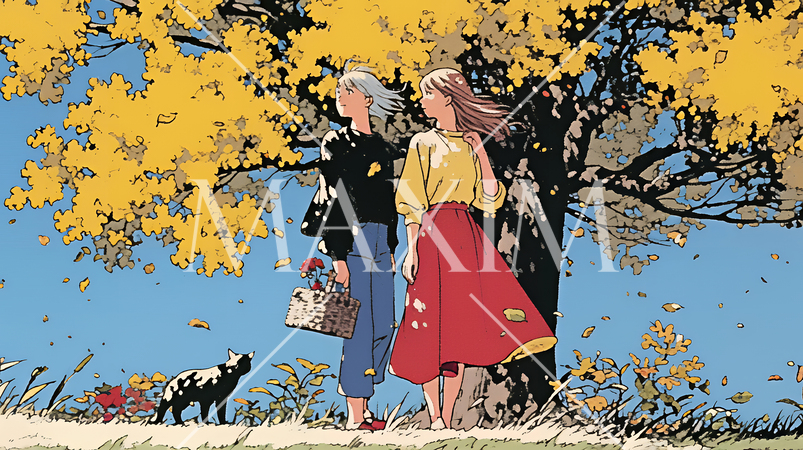 紅葉の小径を歩く若い女性