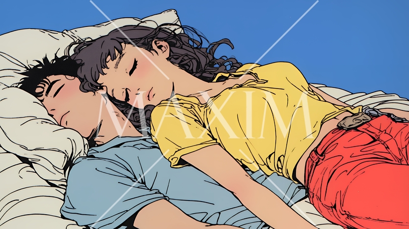 寄り添いながら穏やかに眠る若いカップル