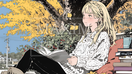秋の読書を楽しむ若い女性｜静かで落ち着いた秋の日のイラストポートレート（イラストID:3631147-18115）