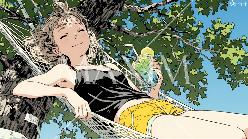 のんびり・ゆったり：夏の昼下がり木陰のハンモックで寛いでいる若い女性