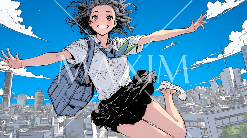 嬉しさのあまり飛び跳ねる制服姿の女子高生