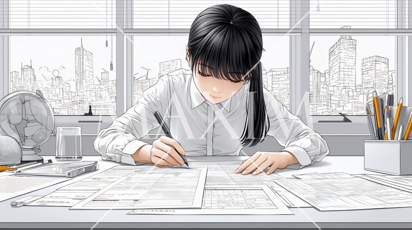 オフィスのデスクで、入念に書類をチェックする女性