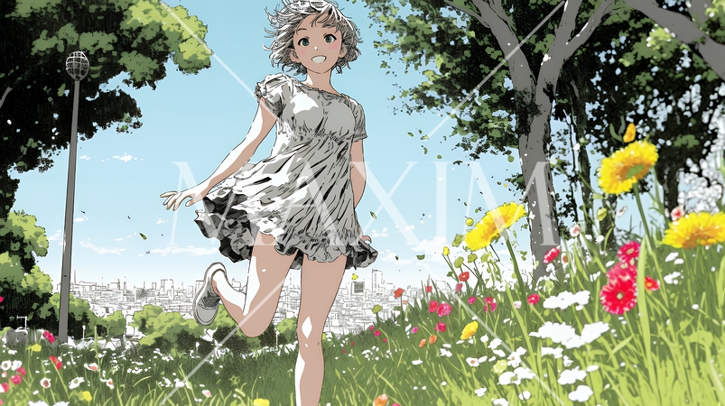 喜びにあふれ、軽やかにスキップする若い女性