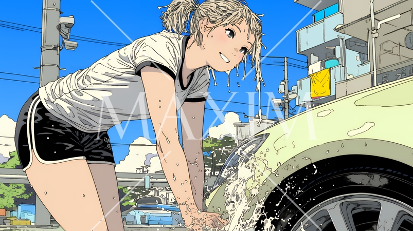 晴れた日に洗車をする若い女性｜青空と水しぶきの爽やかなライフスタイルシーン