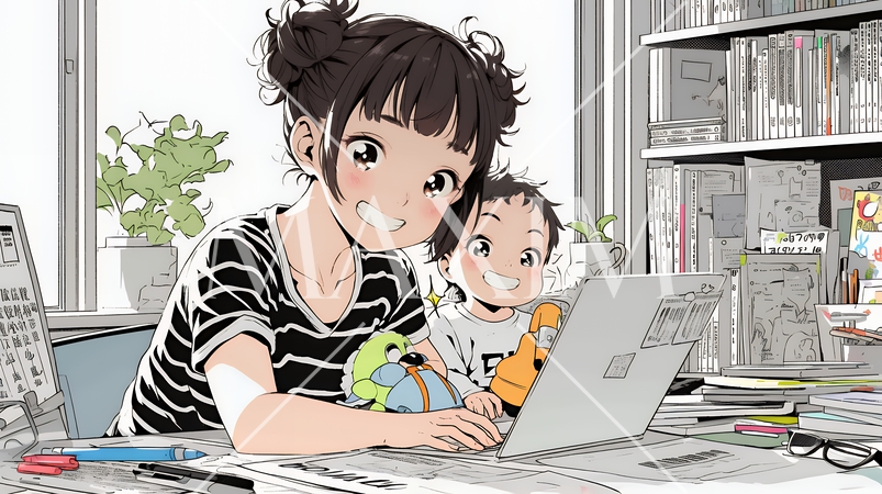 自宅でのリモートワークの場面：子どもが気になって集中できない