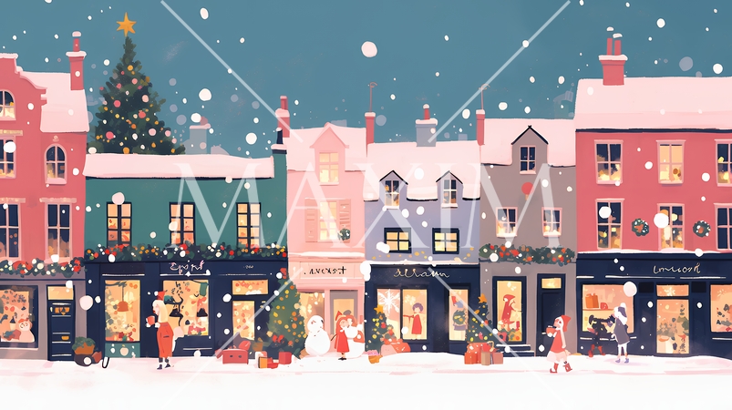 イルミネーションが彩るホワイトクリスマスの都会（ポップでキュートな表現）