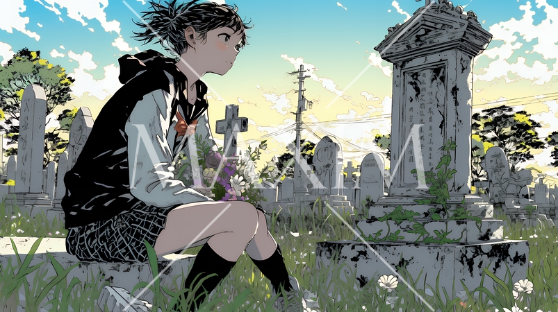 墓参りをしている若い女性