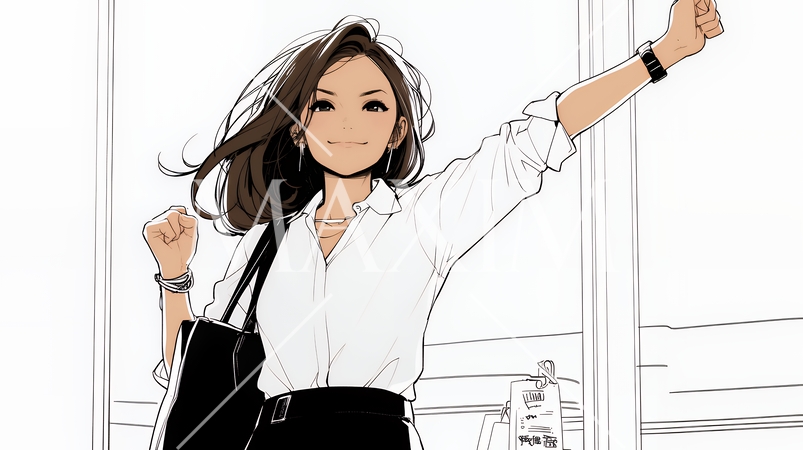 ガッツポーズ（拳を握って力強く）をしているビジネスウーマン（シンプルな色使い）