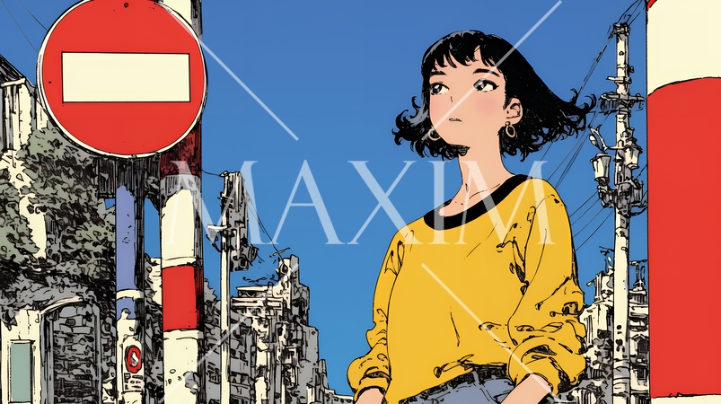 Noという意思表示：進入禁止マークと無表情な女性で表現