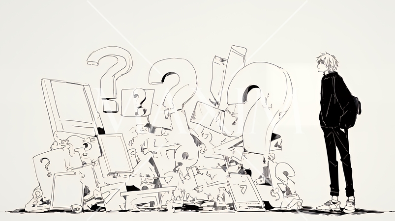 クエスチョンマークのある場面：頭の中にクエスチョンマークが生まれている（シンプルな色使い）