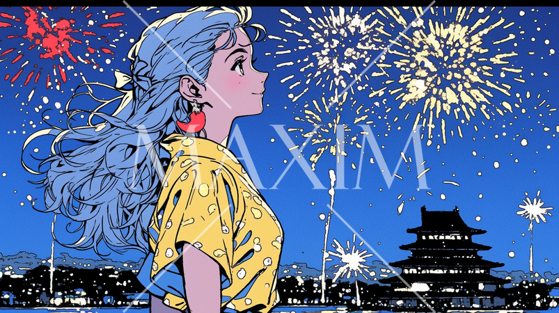 古城をバックに打ち上げ花火と若い女性