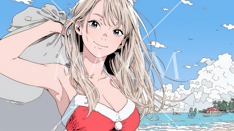 真夏（南半球）のビーチで活動中の女性のサンタクロース