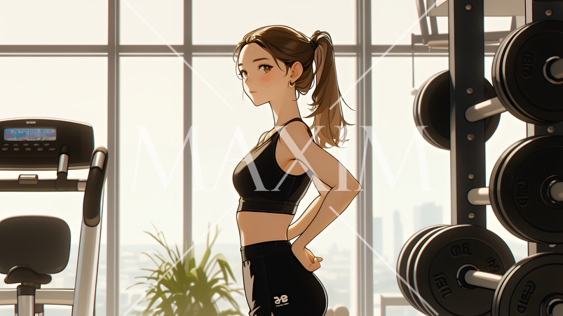 休日にジムで軽く運動する若い女性（シンプルな色使い）