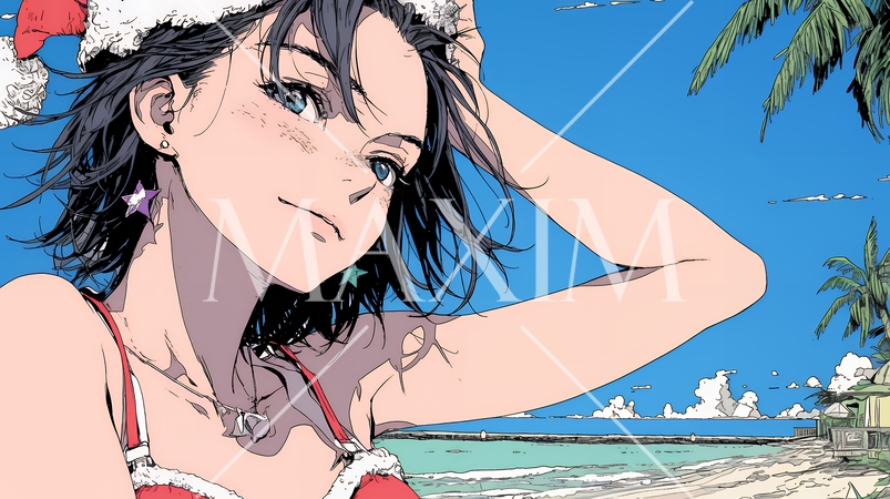 真夏（南半球）のビーチで活動中の女性のサンタクロース