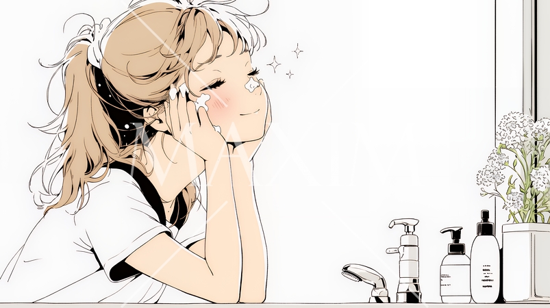 洗面所で朝の洗顔をする女性（シンプルな色使い）