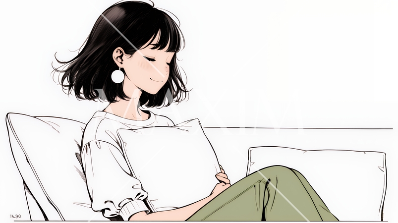 ソファでクッションを抱えてくつろぐ若い女性（シンプルな色使い）