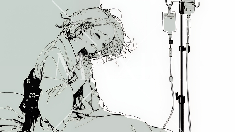 病院のベッドに腰掛けて気落ちしている女性（シンプルな色使い）