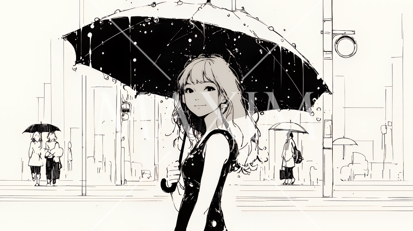 雨の日に傘をさして歩く若い女性（シンプルな色使い）