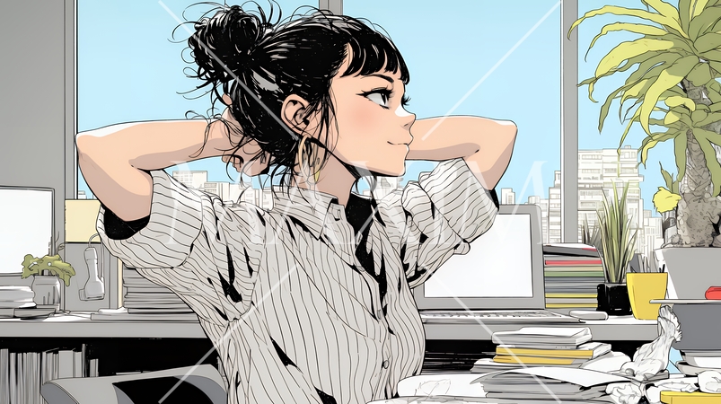 仕事の合間にストレッチ（伸び）をする女性