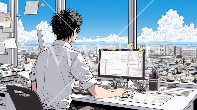 職場のデスクでパソコンに向かって仕事をしているビジネスマン