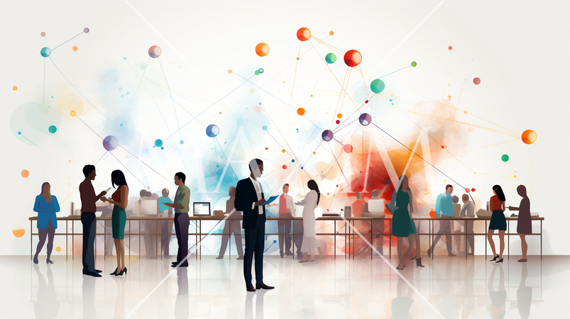 ネットワークビジネスパーソンがオフ会（リアル会合）で交流する場面。