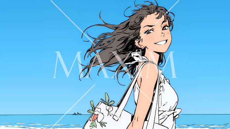 一人旅の若い女性と夏のビーチの風景（シンプルな色使い）