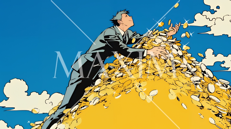 マネーゲームの勝者：金貨の山の登頂に挑み成功した姿で表現