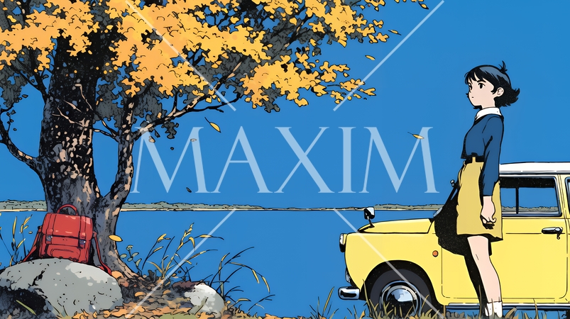 水辺の紅葉の小径を散策している若い女性