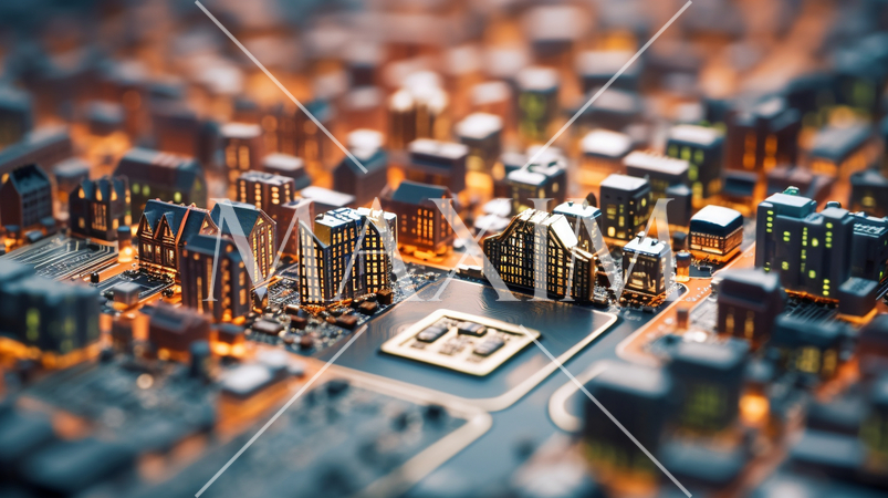 コンピュータ基板を擬似的に街並みに見立てたイメージ背景画像：精緻CG画像