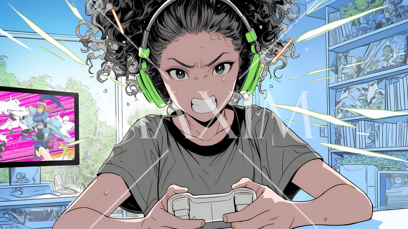 対戦型テレビゲームに没頭している若い女性