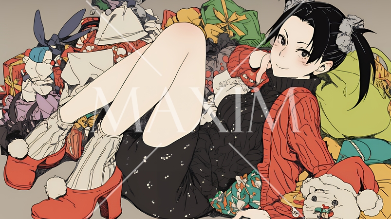 クリスマスプレゼントをたくさんもらって大喜びの若い女性