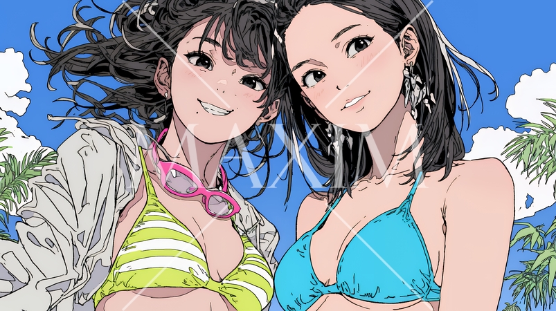 ビーチリゾートを満喫する若い女友達たち