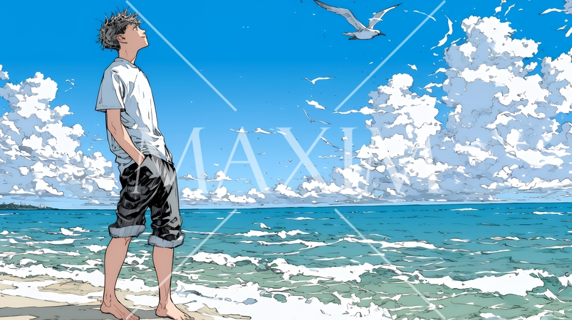 潮風の心地よさを満喫している若い男性