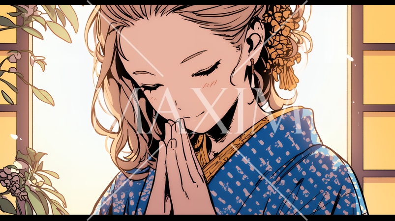 手を合わせてお祈りをしている和服姿の若い女性