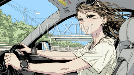 自動車を運転する若い女性｜爽やかで自然なドライブ風景のイラストポートレート（イラストID:3679700-18090）