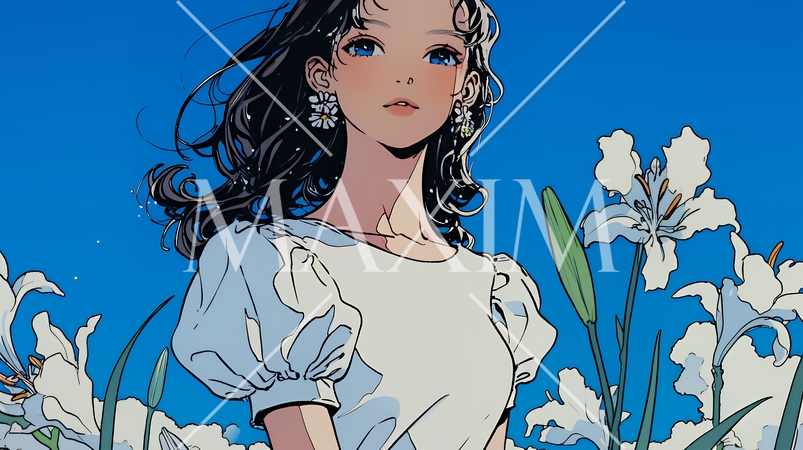 ユリの花と若い女性