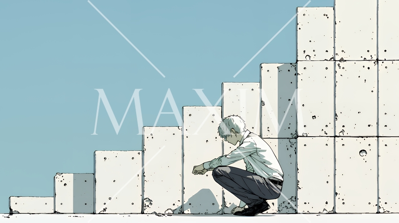 コンクリートブロックを積み上げているビジネスマン：計画の段階的積み重ねの比喩