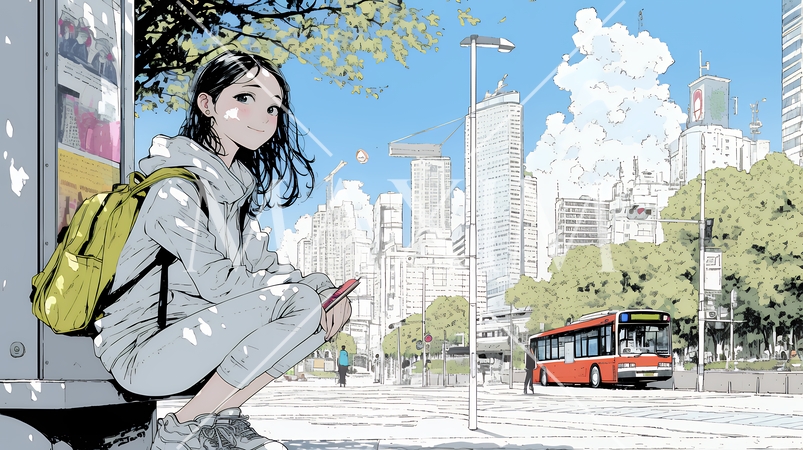 一人旅の旅先、街角で足を止めて道を確かめる若い女性