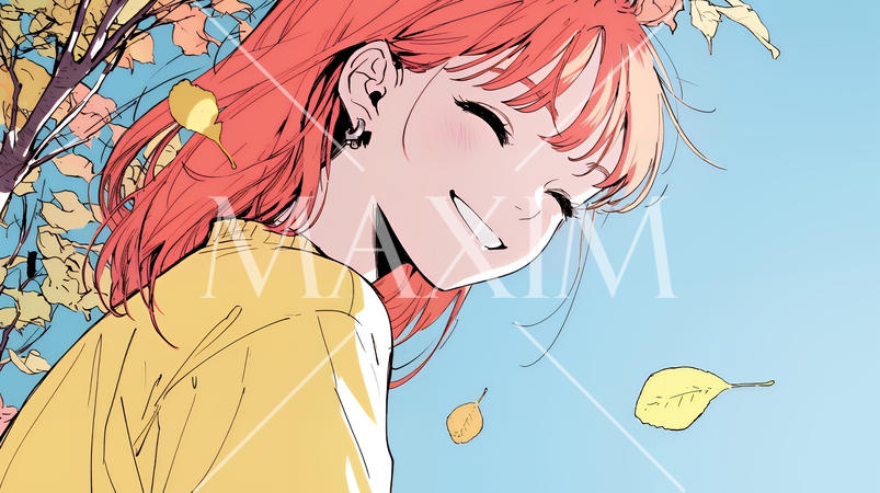 紅葉の秋の公園を歩く若い女性