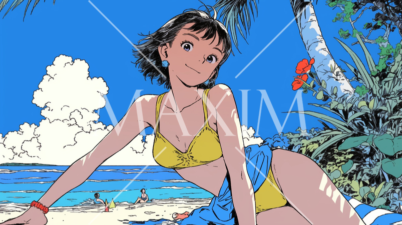 南国の海岸にビキニ姿でいる若い女性