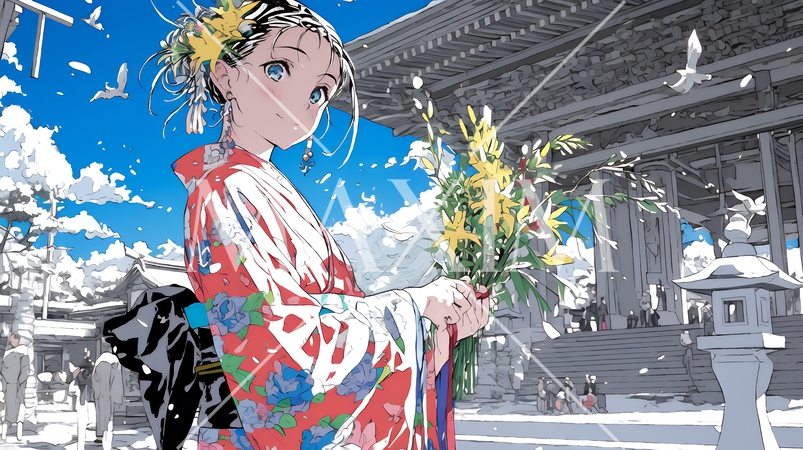 和服を着て初詣をしている若い女性