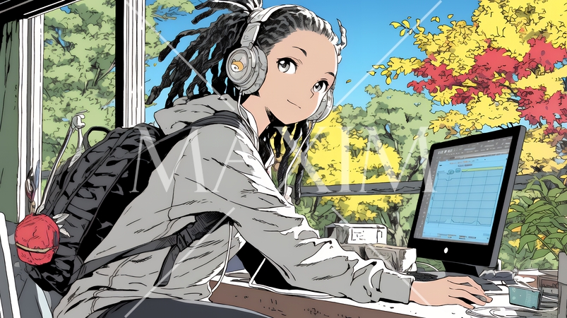 美しい紅葉の中でもPCを手放せない若い女性