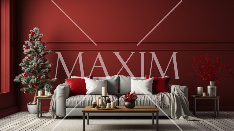 クリスマスツリー飾りのある赤色基調の居間